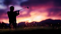 Male golfer silhouette swinging club against dramatic sunset sky with mountains and colorful clouds creating perfect sports scene for recreation themes.