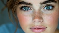 Close up portrait of young woman with bright blue eyes, natural freckles, and rosy cheeks showing fresh natural beauty makeup look against blurred background.