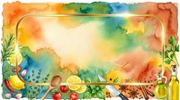 Watercolor cooking background with fresh vegetables, fruits, herbs, olive oil, and wooden spoon on vibrant rainbow wash. Ideal for food blogs, recipe websites, culinary publications, and kitchen decor designs.