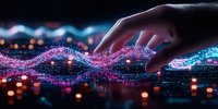 Futuristic hand interacting with glowing digital wave particles in pink and blue colors against dark background with bokeh lights creating magical atmosphere.