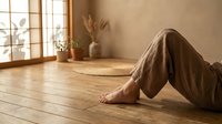 Woman relaxing on wooden floor in warm sunlit room with natural decor and pampas grass creating peaceful home wellness atmosphere.