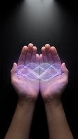 Open cupped hands holding glowing purple energy waves against dark background with dramatic spotlight for spiritual healing concepts.