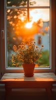 Potted plant on wooden windowsill at sunset with golden bokeh light through window creating cozy atmospheric mood for home interior and lifestyle design.