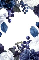 Navy blue and white floral frame with roses and berries on isolated background, elegant botanical border design for wedding invitations and greeting cards.