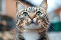 Close up portrait of tabby cat with bright blue eyes looking up. Detailed view shows whiskers, fur texture and expressive feline face against blurred background.
