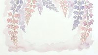 Watercolor floral frame with hanging purple and pink wisteria branches on textured paper background for wedding invitations and romantic designs.