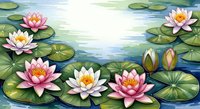 Watercolor lotus flowers blooming on a serene pond with green lily pads, soft pink and white petals reflecting tranquil summer nature.