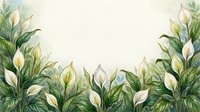 Watercolor peace lily border with lush green leaves and white blooms framing a soft background, perfect for invitations, cards, and nature decor.