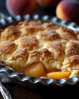 Homemade peach cobbler with golden cinnamon-sugar topping and flaky biscuit crust in ceramic baking dish, fresh fruit visible in background for dessert and baking content.