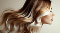 Profile view of young woman with flowing blonde balayage hair featuring smooth waves and highlights against neutral background.