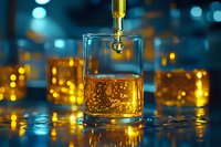 Golden whiskey being poured into glass tumbler with bokeh city lights background creating luxury bar atmosphere for premium alcohol advertising.