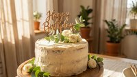 Rustic birthday cake with white frosting, golden Happy Birthday topper, and fresh flowers on wooden stand in cozy home interior.