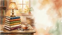 Stacked colorful books with vintage lamp and steaming coffee cup on wooden desk by window with bookshelf, warm cozy reading space.