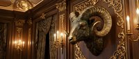 Ornate interior with golden decorative ram head sculpture mounted on wall, featuring elaborate baroque paneling, carved details, and classical wall sconces for luxury design projects.