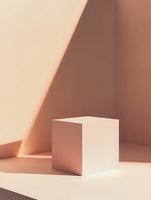 Minimalist white cube podium on soft peach background with dramatic diagonal shadows creating geometric composition for product display and presentation.