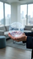 Businessman holding glowing digital sphere with technology icons in modern office space representing global connectivity and innovation solutions.