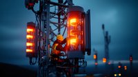 Maintenance worker in safety gear adjusts cellular tower equipment at dusk, illuminated by glowing red warning lights against moody blue sky background.