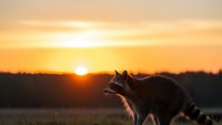 Raccoon silhouette against golden sunset sky in natural wildlife habitat during evening hours for nature and animal photography projects.