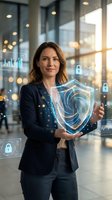 Professional businesswoman holding digital security shield with holographic interface in modern office environment showcasing cybersecurity technology solutions.