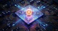 Futuristic AI processor chip with glowing orange core surrounded by blue circuit pathways on dark motherboard for technology and computing concepts.