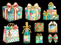 Watercolor holiday gift set with boxes, bows, champagne bottle, shopping bag, and tags, isolated on transparent background. Great for stickers, T-shirts, clipart.