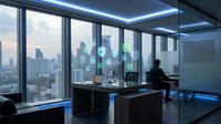 Modern office interior with holographic digital icons floating above desk, businessman silhouette walking past floor-to-ceiling windows overlooking city skyline at dusk.