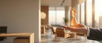 Businessman hand holding golden trophy in modern office interior with warm sunlight, symbolizing success, achievement and victory in corporate environment.