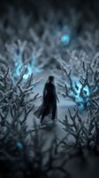 Woman in dark clothing standing alone in surreal frozen landscape with glowing blue magical elements and bare twisted branches, evoking mystery and fantasy atmosphere for storytelling and creative projects.