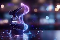 Glowing DNA helix strand emerging from microscope with blue and purple neon lights against dark background with bokeh effect, scientific research concept.