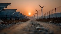 Solar panels and wind turbines at sunset creating sustainable energy landscape with orange sky and renewable power generation technology.