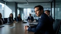 Confident businessman in suit leading corporate meeting in modern office boardroom with team members and city skyline view through windows.