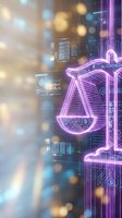 Digital justice scales with blockchain technology overlay and glowing purple neon effects representing legal tech innovation and cryptocurrency regulation.