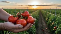 Fresh ripe tomatoes in farmer hands at sunset in agricultural field. Organic vegetable harvest concept for healthy eating and sustainable farming.