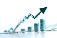 Stacks of silver coins with ascending height and upward trending arrow in turquoise color showing financial growth and investment success on light background.