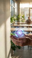 Hands holding glowing holographic sphere with digital particles in modern office space representing innovation technology and futuristic business concepts.