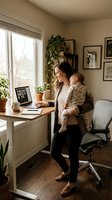 Young mother working from home office while holding baby, multitasking professional and parenting duties in cozy workspace with laptop and plants.