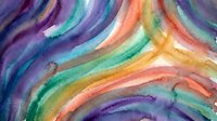 Vibrant watercolor rainbow waves flowing in curved patterns with purple, orange, green and blue hues creating an abstract artistic background for creative projects.