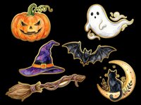 Watercolor Halloween clipart set with jack-o-lantern, ghost, bat, witch hat, broom, and black cat on moon, isolated on transparent background, ready for stickers and t-shirt design.