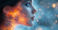 Female profile with glowing fire effect dissolving into sparks against blue background, dramatic contrast between warm and cool tones creates mystical atmosphere.