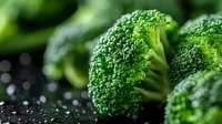 Fresh raw broccoli florets with water drops on dark background, macro shot of green vegetable. Natural organic healthy food concept.
