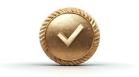 Golden round medal with checkmark symbol on white background, metallic achievement award with rope pattern border design for success recognition and approval.