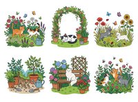 Garden scenes with potted plants, flowers, butterflies, and cats in natural settings. Isolated clipart illustrations ready for design projects, merchandise, and creative applications.