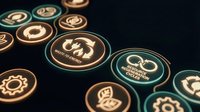 Cryptocurrency and blockchain technology icons with bitcoin, ethereum, and digital currency symbols on dark background for fintech, investment, and crypto trading concepts.