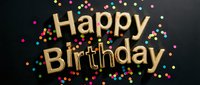 Happy Birthday golden balloon letters on dark background with colorful confetti dots, festive celebration greeting card design.