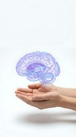 Holographic brain floating above cupped hands on white background representing mental health, neuroscience and cognitive wellness concepts.