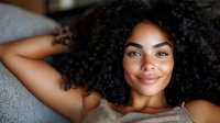 Young African American woman with natural curly afro hair smiling warmly while relaxing on gray couch, expressing joy and confidence in casual home setting.