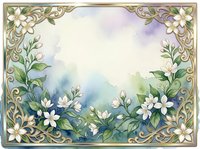 Watercolor floral frame with white jasmine flowers, green leaves, and golden ornate border on soft blue-purple background with copy space.