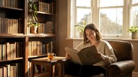 Young Caucasian woman reading book in cozy home library with wooden bookshelves and warm natural light streaming through window creating peaceful atmosphere.