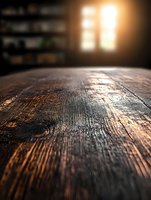 Rustic wooden table surface with natural sunlight streaming through window, creating atmospheric mood in dark room. Textured wood grain catches golden light.