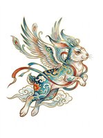 Ornate winged rabbit in traditional Asian art style, isolated on transparent background. Great for t-shirt design, stickers, print on demand, and sublimation crafts.
